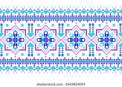 Padrões árabes pixelados geométricos no tecido refletem o ornamentado e etnia, grade floral, grade colorido, fundos, design de grade sem costura para tapete, têxtil, texturizado, papel de parede, imprimir, decorar