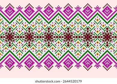 Padrões árabes pixelados geométricos no tecido refletem o ornamentado e etnia, grade floral, grade colorido, fundos, design de grade sem costura para tapete, têxtil, texturizado, papel de parede, imprimir, decorar