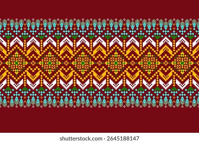 Padrões árabes pixelados geométricos no tecido refletem o ornamentado e etnia, grade floral, grade colorido, fundos, design de grade sem costura para tapete, têxtil, texturizado, papel de parede, imprimir, decorar