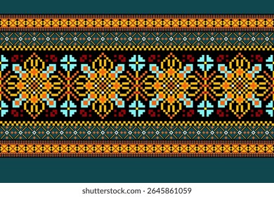 Padrões árabes pixelados geométricos no tecido refletem o ornamentado e etnia, grade floral, grade colorido, fundos, design de grade sem costura para tapete, têxtil, texturizado, papel de parede, imprimir, decorar