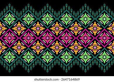 Padrões árabes pixelados geométricos no tecido refletem o ornamentado e etnia, grade floral, grade colorido, fundos, design de grade sem costura para tapete, têxtil, texturizado, papel de parede, imprimir, decorar
