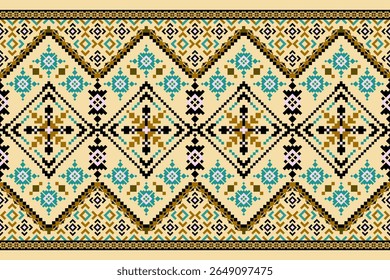 Padrões árabes pixelados geométricos no tecido refletem o ornamentado e etnia, grade floral, grade colorido, fundos, design de grade sem costura para tapete, têxtil, texturizado, papel de parede, imprimir, decorar