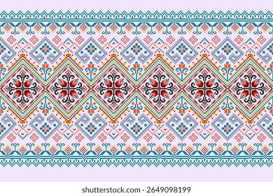 Padrões árabes pixelados geométricos no tecido refletem o ornamentado e etnia, grade floral, grade colorido, fundos, design de grade sem costura para tapete, têxtil, texturizado, papel de parede, imprimir, decorar