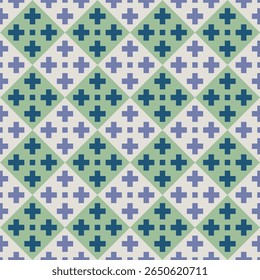 Geometric Pixelated Diamond Shape with Plus Sign Seamless Repeat Pattern