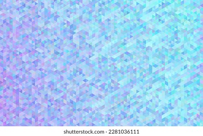 Geometric pixelated mosaic of triangles in a hexagonal Deltille grid arrangement, colored with an iridescent gradient from light purple to cyan blue, with some randomisation. Creative coding design.