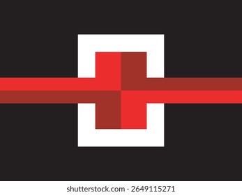 Símbolo de Cruz Vermelha Pixelizada Geométrica com Borda Branca no Plano de Fundo Preto