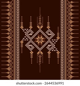 Design têxtil pixelizado geométrico com motivos étnicos ornamentais