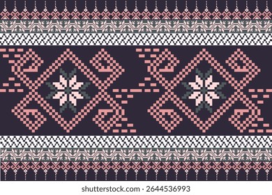 Geometric pixelated textile design with ethnic ornamental motifs