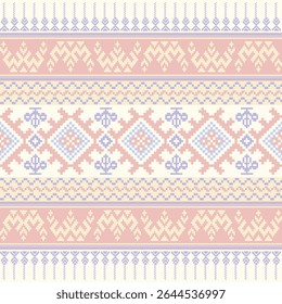 Geometric pixelated textile design with ethnic ornamental motifs