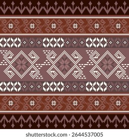 Geometric pixelated textile design with ethnic ornamental motifs