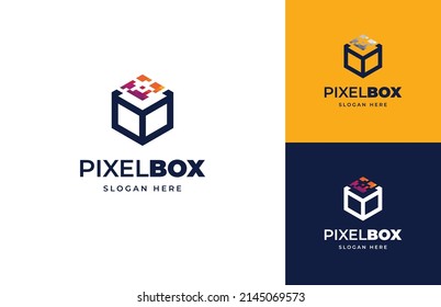 Geometric pixels box data media digital information vector logo design, Creative tech box quick delivery logo design