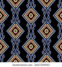 a geometric, pixel-style textile pattern with repeating diamond. The pixelated effect makes it look like a digital reinterpretation of a traditional woven or embroidered fabric pattern