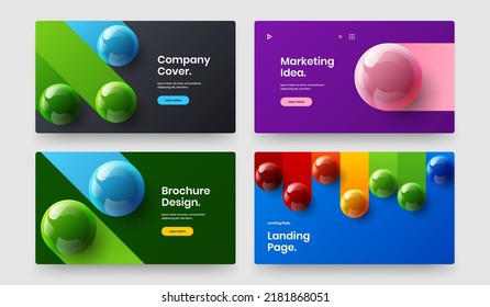 Geometric placard design vector concept bundle. Clean realistic balls booklet illustration set.