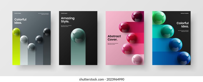 Geometric placard design vector illustration collection. Simple 3D spheres front page layout set.