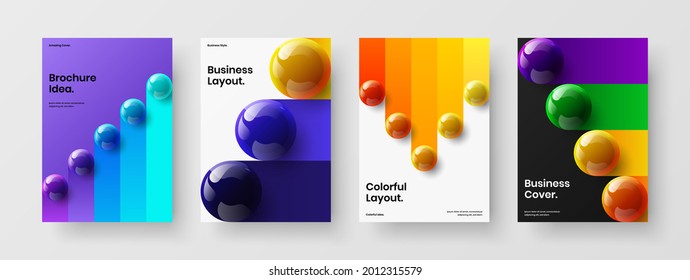 Conjunto de ilustraciones de diseño de vectores de rótulos geométricos. Coloridas bolas 3D de diseño de portada corporativa.