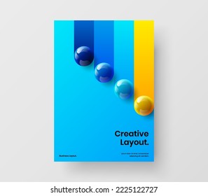 Geometric placard vector design template. Trendy realistic spheres annual report layout.