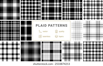 Geometric plaid and checkered patterns designed for textile and fabric use, adding a rustic, old-fashioned touch to clothes and home decor.