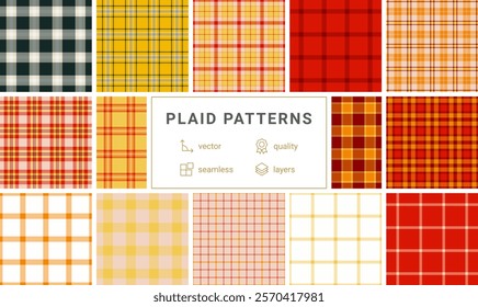 Geometric plaid and checkered patterns designed for textile and fabric use, adding a rustic, old-fashioned touch to clothes and home decor.