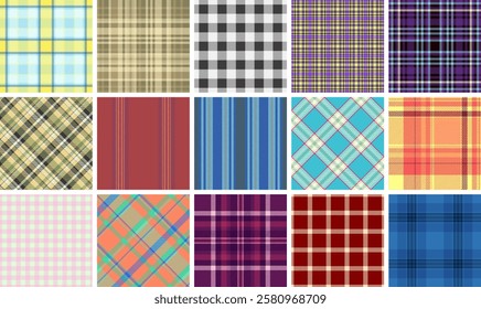 Geometric plaid and checkered patterns designed for textile and fabric use, adding a rustic, old-fashioned touch to clothes and home decor.