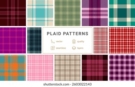 Geometric plaid and checkered patterns designed for textile and fabric use, adding a rustic, old-fashioned touch to clothes and home decor.