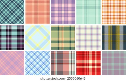 A geometric plaid collection with a mix of textured check patterns, ideal for fabric prints, rustic backgrounds, and British-style clothing.