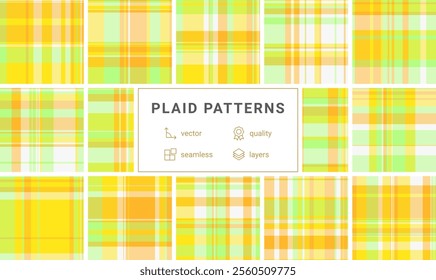 A geometric plaid collection with a mix of textured check patterns, ideal for fabric prints, rustic backgrounds, and British-style clothing.