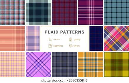 A geometric plaid collection with a mix of textured check patterns, ideal for fabric prints, rustic backgrounds, and British-style clothing.