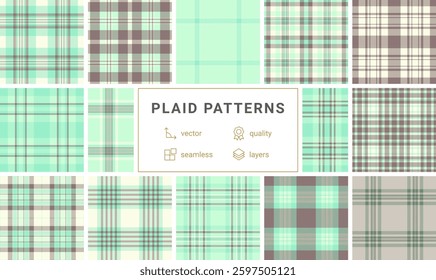 A geometric plaid collection with a mix of textured check patterns, ideal for fabric prints, rustic backgrounds, and British-style clothing.