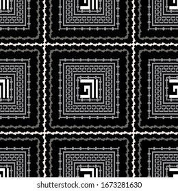 Geometric plaid greek vector seamless pattern. Abstract tartan ornamental background. Repeat modern backdrop. Greek key meanders ornament. Borders, frames. Decorative ornate abstract shapes design.