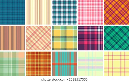 Geometric plaid pattern collection in bold colors, ideal for textile, clothing, or repeating wallpaper prints with a trendy touch.