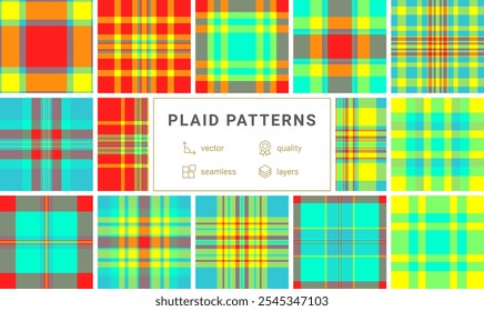 Geometric plaid pattern collection in bold colors, ideal for textile, clothing, or repeating wallpaper prints with a trendy touch.