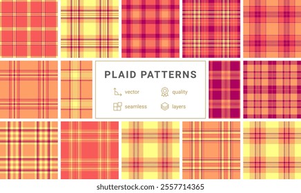 Geometric plaid pattern collection in bold colors, ideal for textile, clothing, or repeating wallpaper prints with a trendy touch.