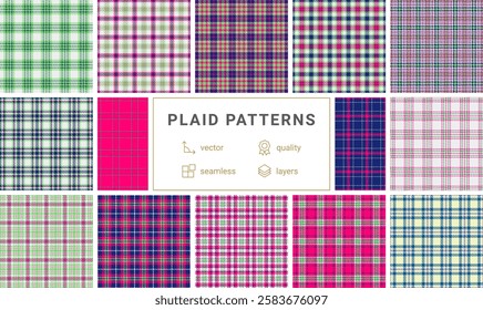 Geometric plaid pattern collection in bold colors, ideal for textile, clothing, or repeating wallpaper prints with a trendy touch.