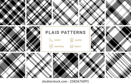 Geometric plaid patterns for fabric and textiles, featuring classic checks and stripes for shirts, clothes, or trendy backgrounds.