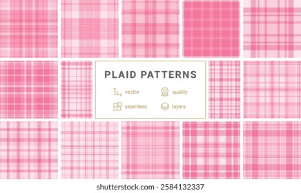 Geometric plaid patterns for fabric and textiles, featuring classic checks and stripes for shirts, clothes, or trendy backgrounds.