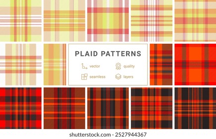 Geometric plaid patterns in trendy colors, great for textile designs, fabric prints, or stylish clothing material.