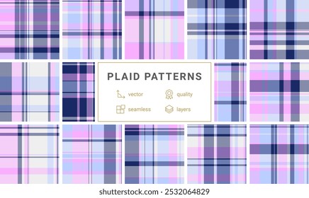 Geometric plaid patterns in trendy colors, great for textile designs, fabric prints, or stylish clothing material.