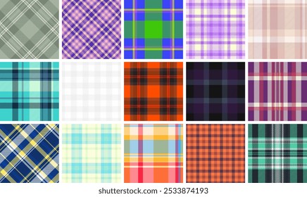 Patrones de cuadros geométricos en colores de moda, ideal para diseños textiles, estampados de tela o material de ropa con estilo.