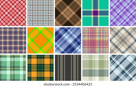 Geometric plaid patterns in trendy colors, great for textile designs, fabric prints, or stylish clothing material.