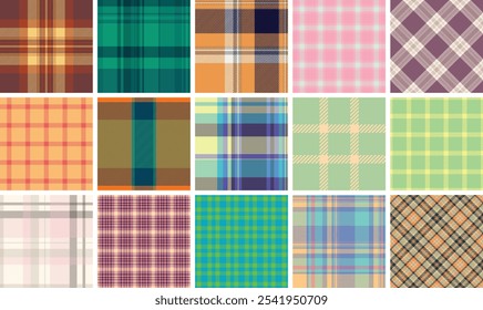 Patrones de cuadros geométricos en colores de moda, ideal para diseños textiles, estampados de tela o material de ropa con estilo.