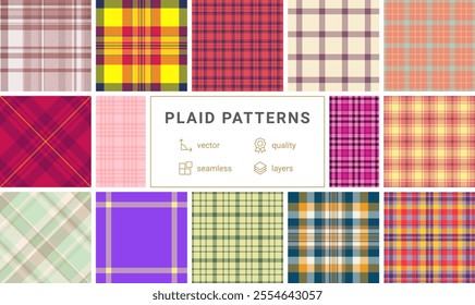 Geometric plaid patterns in trendy colors, great for textile designs, fabric prints, or stylish clothing material.