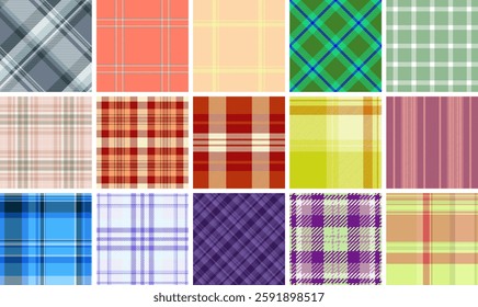 Geometric plaid patterns in trendy colors, great for textile designs, fabric prints, or stylish clothing material.
