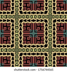 Patrón sin fisuras geométricas de manchas. Fondo de color ornamental griego. Repetir el trasfondo étnico tribal. Ornamento teatral geométrico. Formas abstractas, cuerdas de punto, marcos cuadrados, serpenteantes griegos.