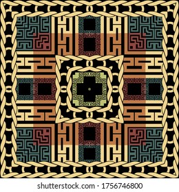 Geometric plaid seamless pattern. Greek ornamental colorful background. Repeat tribal ethnic backdrop. Geometrical tartan ornament. Abstract shapes, knitted ropes, square frames, greek key meanders.
