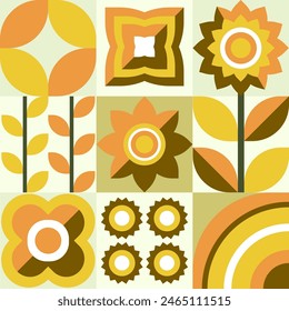 Geometric plants, natural pattern in tiles, decorative abstract art with flowers and leaves, vector illustration, banner, wallpaper.