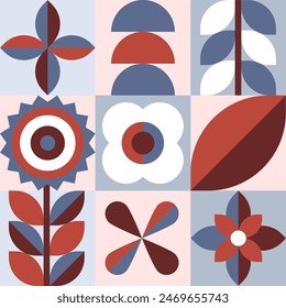Geometric plants, natural pattern in tiles, decorative abstract art with flowers and leaves, vector illustration, banner, wallpaper.