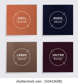 Geometric plate music album covers collection. Halftone lines backgrounds. Flat plate music records covers, vinyl album mockups. DJ records geometric layouts. Techno party posters.