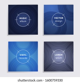 Geometric plate music album covers collection. Semicircle curve lines patterns. Flat plate music records covers, vinyl album mockups. DJ records disc vector mockups. Flyer gradient patterns.