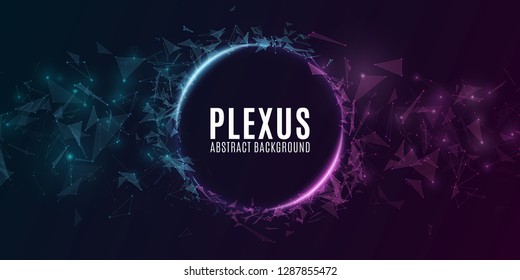 Geometric plexus banner of flying triangles and dots on a dark background. Purple and blue glowing connected triangular elements. Scientific background for your design. Vector illustration. EPS 10