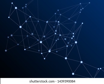 Geometric plexus structure cybernetic concept. Network nodes plexus dark blue background. Fractal hub nodes connected by lines. Chemical formula abstraction. Coordinates structure grid shape vector.